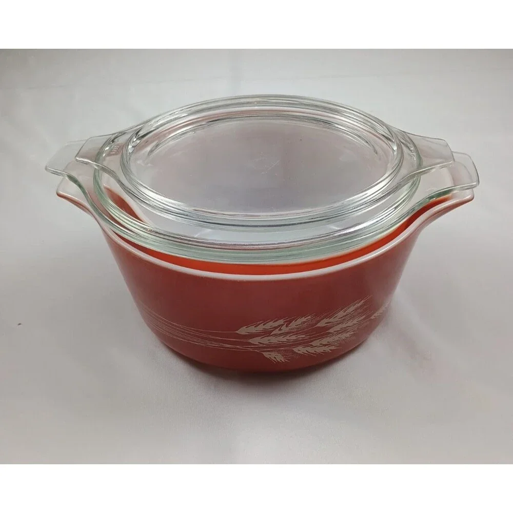 VTG Pyrex Autumn Harvest Casserole Dishes 2pc Set W Lids 475-B 2.5L 474-B 1.5L